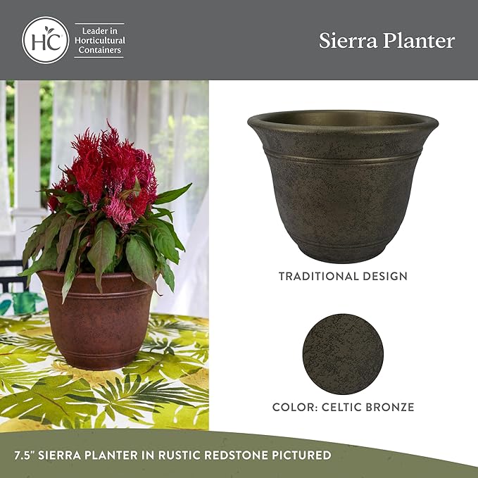 The HC Companies Sierra Round Self-Watering Pot - Lightweight Plastic Planter for Herbs & More - Durable Plant Pots for Indoor Plants & Outdoor Plants (7.5” Celtic Bronze, Pack of 2) TheHCCompanies