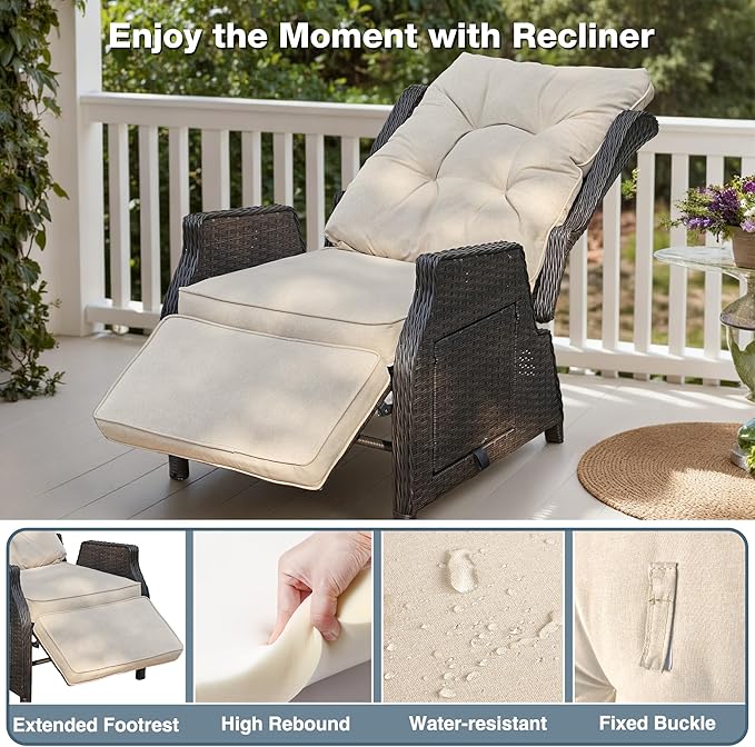 Outdoor Indoor Wicker Recliner with Adjustable Back and Footrest, Patio Reclining Chair with Flip-up Table, Outdoor Rattan Lounge Chair, Beige 2PCS COMLAXFIELD