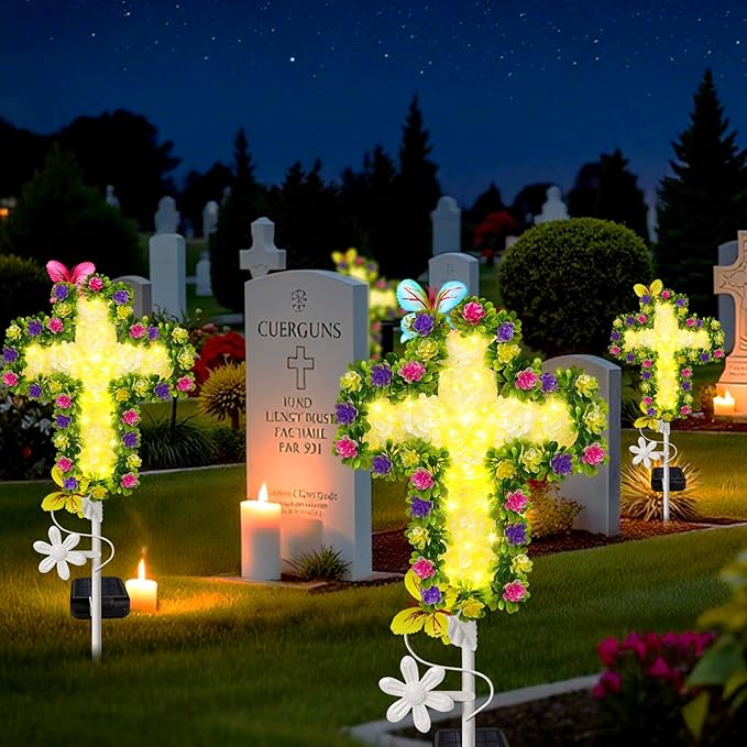2 Pack Solar Flower Cross for Cemetery Grave, Grave Decorations for Cemetery Solar Crosses, Sympathy Memorial Gifts, for Garden Lawn Yard Patio Decor YJFWAL