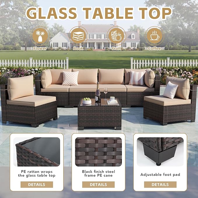 LEVELEVE 7 Pieces Outdoor Patio Furniture Sets,Rattan Conversation Sectional Set,Manual Weaving Wicker Patio Sofa with Tea Table Enjoyyourlife