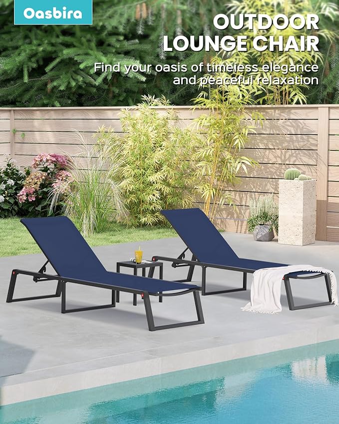 Aluminum Chaise Lounge Outdoor Set of 2, Foldable & Assembly Free Patio Pool Lounge Chairs 5-Position Recliner for Outside Poolside, Fully Grounded Legs Sun Lounger for Beach, Yard, Navy Blue Oasbira