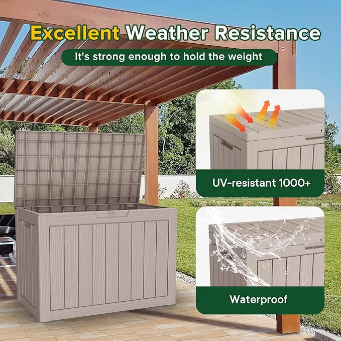DRATO 45 Gallon Deck Box, Outdoor Storage Box for Patio Furniture, Patio Cushions, Gardening Tools, Pool Supplies 480lbs Weight Capacity,Waterproof Resin Storage Boxes (Light Brown, 45Gal) DRATOprovidesawarmandcozy