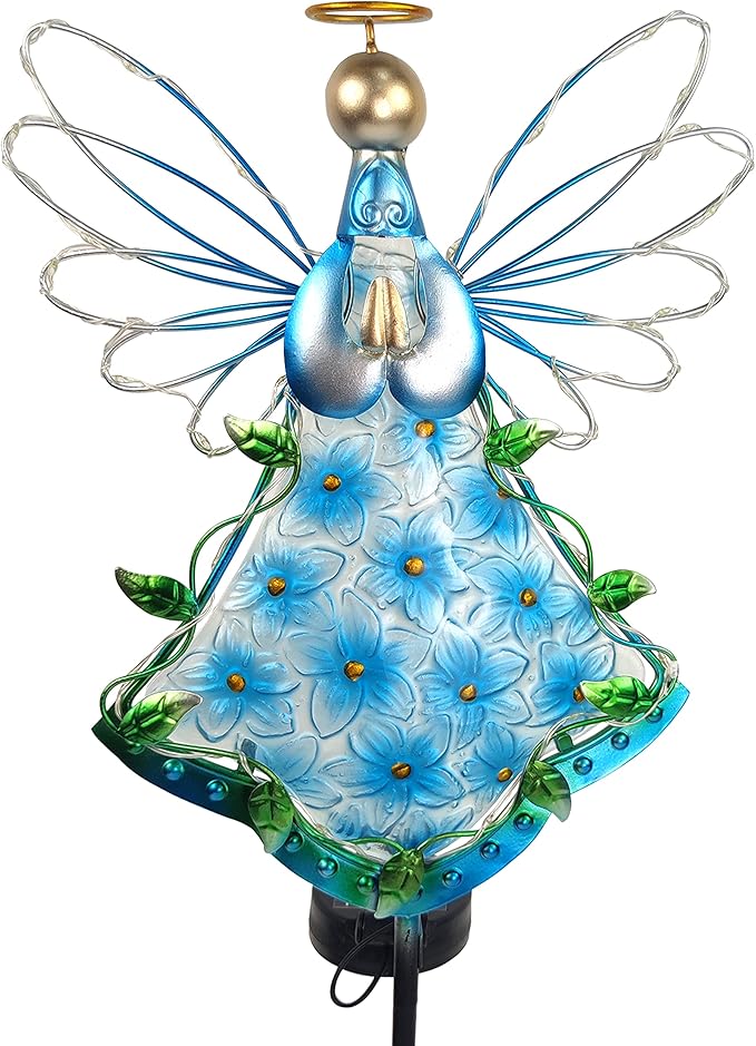 38Inch Angel Solar Lights Outdoor Decorative-Metal&Glass Angel Blue Hydrangea Flower Garden Stake- Waterproof 30 Warm White LED for Remembrance & Sympathy Gifts（Blue） COOZZYHOUR