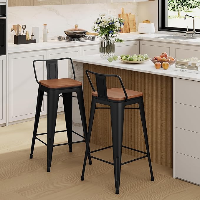 Yongchuang 24" Metal Barstools Set of 2 Counter Bar Stools with Wood Top Low Back Matte Black YongchuangInternational