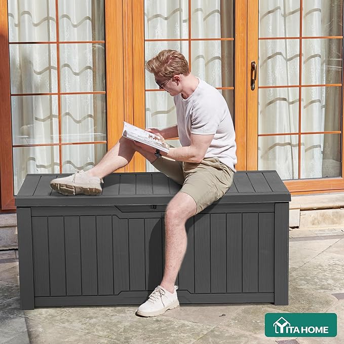 YITAHOME 120 Gallon Outdoor Storage Deck Box, Large Resin Patio Storage for Outdoor Pillows, Garden Tools and Pool Supplies, Waterproof, Lockable, (Dark Grey) YITAHOME