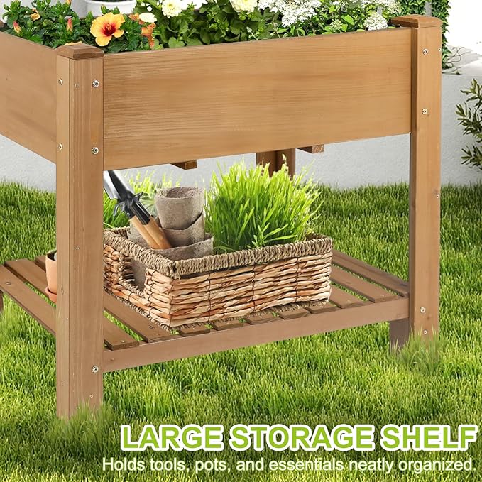 Raised Garden Bed with Legs - Elevated Wooden Planter Box, Durable Fir Wood, Reinforced Frame with Drainage Holes, Liner, and Storage Shelf for Vegetables, Herbs, Flowers, 33.5" x 18" x 30" Ketive