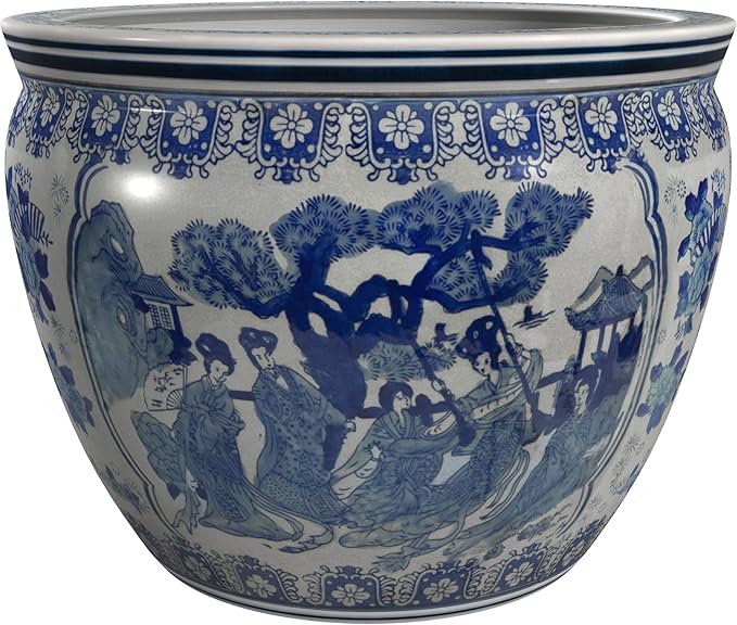 Red Lantern 12" Ladies Blue & White Porcelain Fishbowl Planter or Cachepot for Indoor/Outdoor Use in Garden Entryway Living Room Boho Eclectic Modern Contemporary Classic Traditional Style Decor RedLantern
