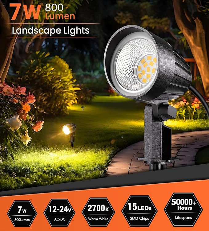 MEIKEE 7W LED Landscape Lights, 12V/24V Low Voltage Landscape Lighting IP66 Outdoor Spotlights Warm White Garden Lights with Connectors for Pathway Yard Patio 12 Pack MEIKEE