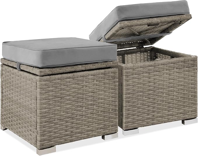 Best Choice Products Set of 2 Wicker Ottomans, Multipurpose Outdoor Furniture for Patio, Backyard, Additional Seating, Footrest, Side Table w/Storage, Removable Cushions - Cement Gray/Taupe BestChoiceProducts