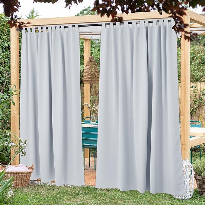 NICETOWN 2 Panels Outdoor Curtainss for Patio Waterproof 84 inch Long, Detachable Tab Top Room Darkening Outdoor Indoor Slider Blinds Window Treatment for Shower/Balcony, Greyish White, 84" Wide NICETOWN