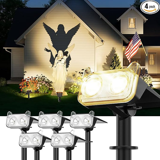 LETMY Solar Spot Lights Outdoor Waterproof with Bigger LED, 4 Pack 135°Adjustable Solar Lights Outdoor, 2-in-1 Wall Lights & 2 Modes Landscape Spotlights for Tree Yard Pathway Garden Decor(Warm White) Letmy