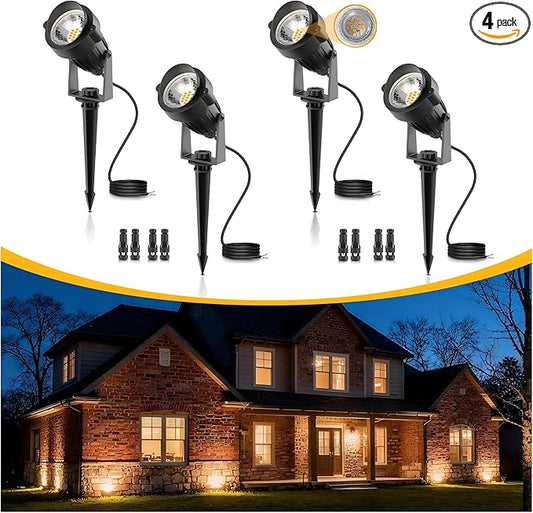 L LOHAS LED 5W Low Voltage Landscape Lighting, 12V 24V Outdoor Spot Lights with Connectors, IP66 Waterproof 3000K Warm White Plug in Spotlights for Yard, Garden, Pathway, House (4 Pack) LLOHASLED