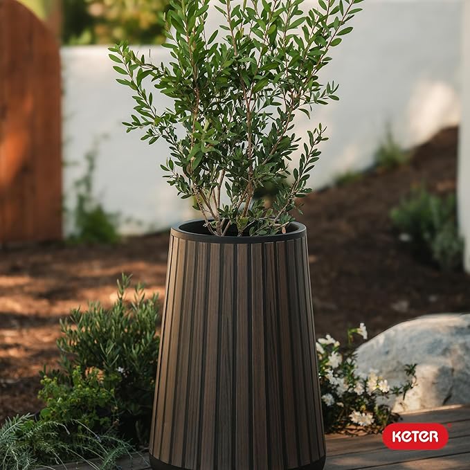Keter Signature Conic 28.5 Inch Tall Round Large Wood Look Planter for Indoor or Outdoor Flower Pot Ideal for Patio Deck and Front Porch Decor, Rosewood Keter