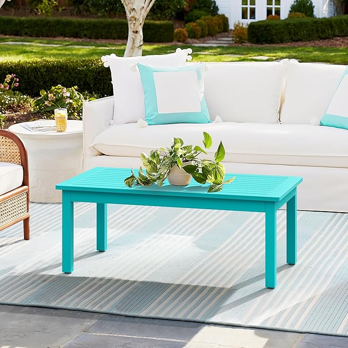 LUE BONA Outdoor Coffee Table, HDPS Patio Coffee Tables for Outside Rectangle, Adjustable Levelling Feet/Weather Resistant, Patio Table for Deck, Pool, Balcony, Indoor or Outdoor Use, Aruba Blue LUEBONA