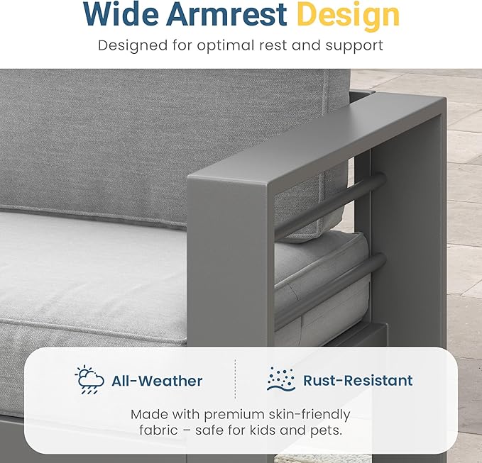 Wisteria Lane Patio Furniture Metal Sofa, Metal Outdoor Chairs with Upgraded Cushions, All-Weather Outdoor 3 Seats Sofa Couch for Balcony, Garden, Deck, Backyard, Grey WisteriaLane