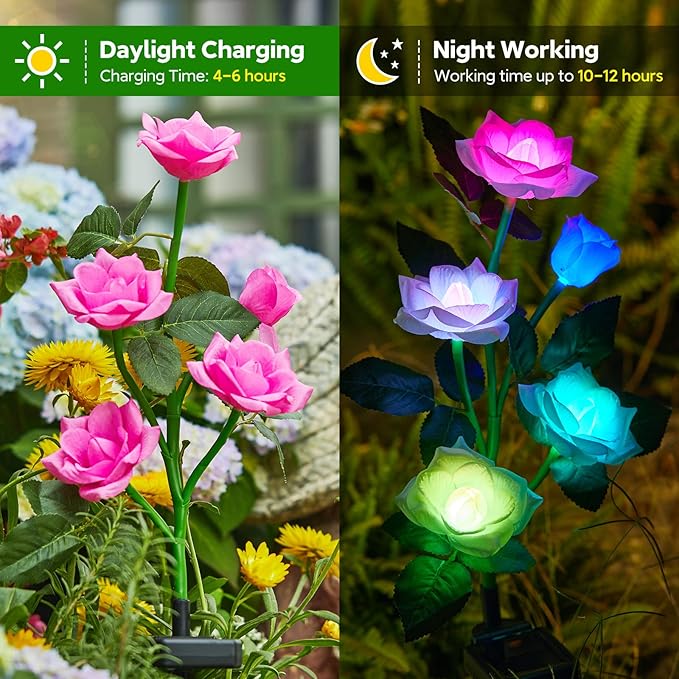 RECHOO Solar Garden Lights Outdoor Decorative, 3 Pack Solar Flower Lights with 15 Rose Flowers, Multi-Color Changing LED Waterproof Garden Decor for Landscape Pathway, Mother's Day Gifts for Women RECHOO
