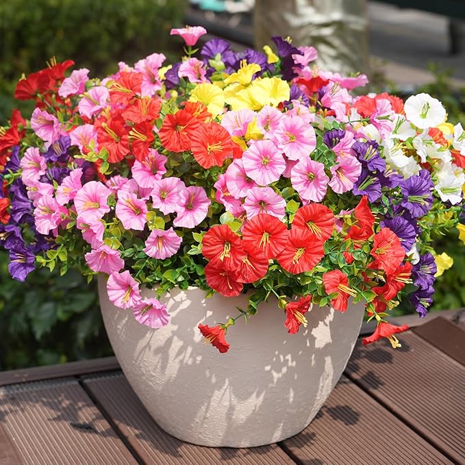 Artificial Flowers for Outdoors, UV Resistant Fake Silk Morning Glory, Realistic Faux Plants for Outside Porch Patio Window Box Hanging Planter (12, Purple White Yellow Pink Red) maxkes