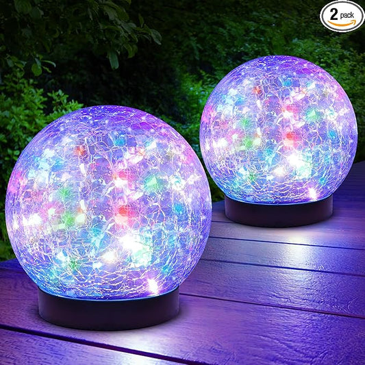2-Pack Garden Solar Lights Outdoor, Colored Cracked Glass Ball Light Waterproof, Decorative Solar Powered Globe Lighting Multicolor for Yard ASOMST