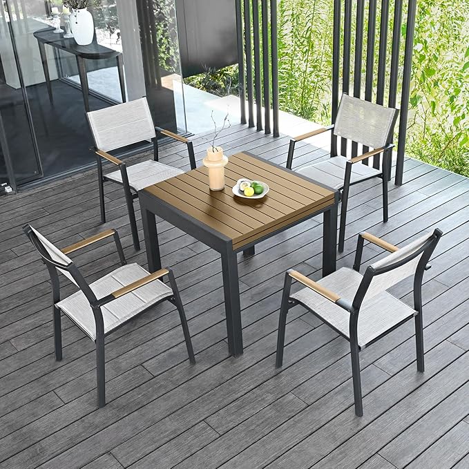 5 Pieces Expandable Patio Dining Set, Never-Rust Aluminum Outdoor Dining Table Set, 32"-65" Extendable Dining Table and Stackable Textilene Dining Chairs for Garden, Deck, Indoor, Teak SeeHill