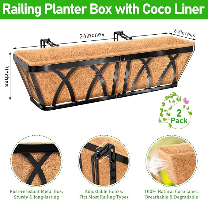 Riare 2 Pack 24 Inch Metal Railing Planter Window Box with Coco Liner- Adjustable Window Flower Boxes for Railings, Hanging Rail Planters for Deck, Balcony, Porch, Fence, Indoor Outdoor Plants Riare