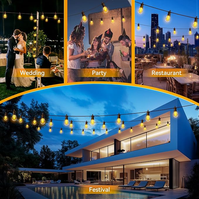 Outdoor String Lights Patio LED Light Outside - 45M 43+2 S14 LED Dimmable 150ft Porch Lighting IP65 Waterproof Rootora