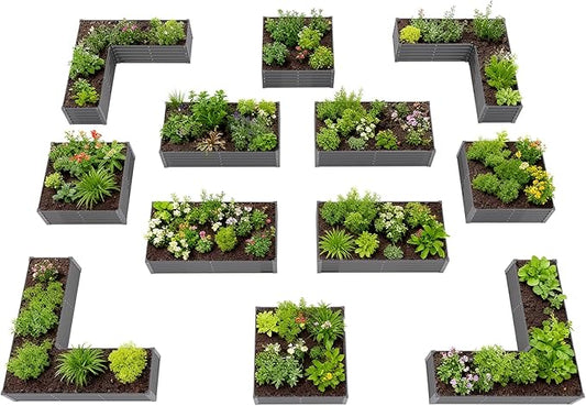 A ANLEOLIFE 12-Piece 18 Inch Tall Raised Garden Beds Kit, L-Shaped, Square & Rectangular Metal Planters for Flexible Backyard Layouts, Quartz Grey AAnleolife