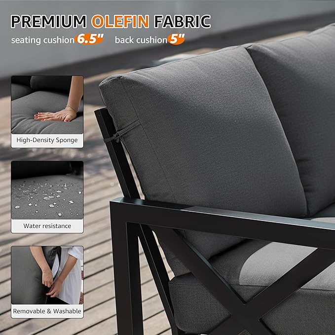 NATURAL EXPRESSIONS 6 Pieces Patio Furniture Sets, Metal Outdoor Sectional Furniture L Shape Patio Conversation Sets,Highback Frame,Metal Table,Large Waterproof Cover, 6.5" Olefin Cushions,Dark Grey NaturalExpressions
