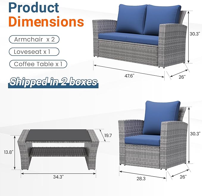 Wisteria Lane 4 Piece Patio Furniture Set, Wicker Outdoor Patio Conversation Furniture Set, All Weather Outdoor Patio Sofa with Cushion and Glass Table, Blue WisteriaLane