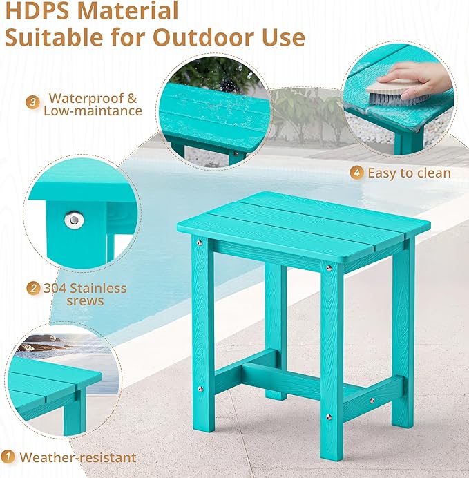 LUE BONA Outdoor Side Table, HDPS Small Outdoor Table, Adirondack Side Table, Outside End Table for Patio, Porch, Deck, Weather Resistant/Easy Maintenance/Indoor or Outside Use, Aruba Blue LUEBONA