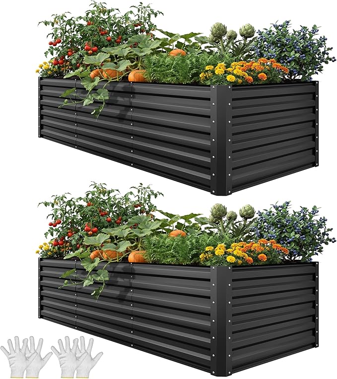 YITAHOME 8x4x2ft 2pcs Large Raised Garden Bed, Galvanized Metal Planter Box with Gloves, Ground Nails, Support Rod & Safety Rubber, Outdoor Above Ground Planters for Plants Vegetables Flowers, Black YITAHOME