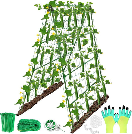 32 x 53 Inch Cucumber Trellis for Climbing Plants Outdoor A-Frame Garden Trellis for Raised Bed Detachable Sturdy Garden Plant Support Trellis for Small Plant Vegetable Flower Grape with Climbing Net LifeisLuck