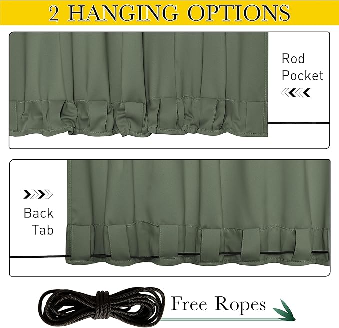 NICETOWN 2 Panels Weighted Blackout Outdoor Curtains for Patio Waterproof, Grommet & Back Tab on top and Bottom Windproof Privacy Thermal Drapes for Cabana with Fixed Rope, W52 x L95, Greyish Green NICETOWN