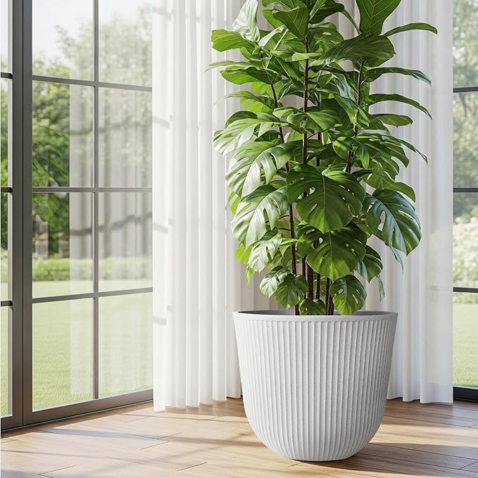 WORTH Garden Round Large Planter Pot 1-Pack - 17.5" Dia x 15.5" H - Durable Plastic White Plant Tree Pots with Vertical Stripe Textured Finish, Drainage Hole for Indoor, Outdoor, Front Porch, Patio WORTH