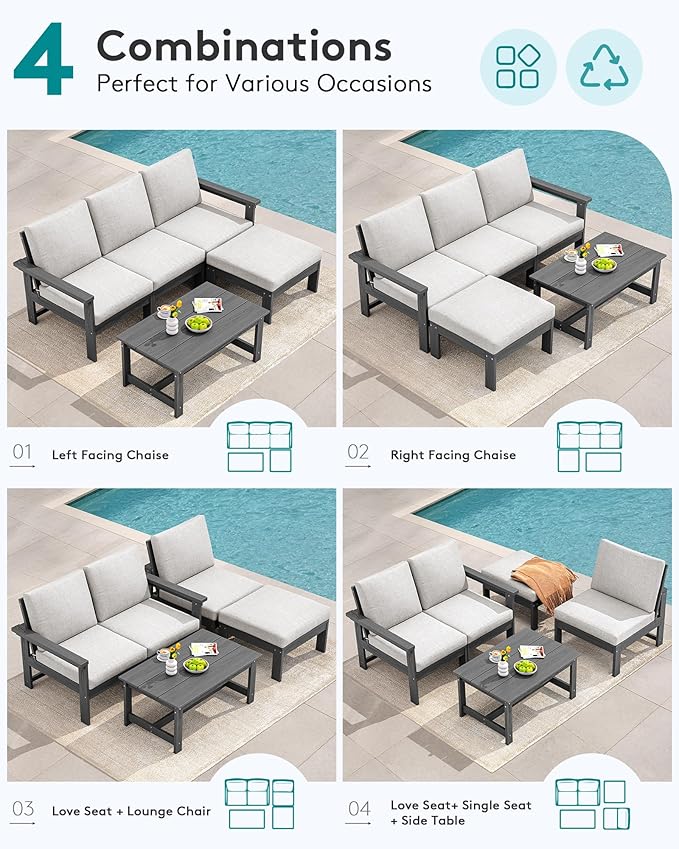 SERWALL Outdoor Sectional Sofa Set, 5-piece Outdoor Modula Couch Set with Ottoman, All Weather Patio Furniture Set with Chaise for Deck, Lawn, Gray Frame with Khaki Cushion SERWALL