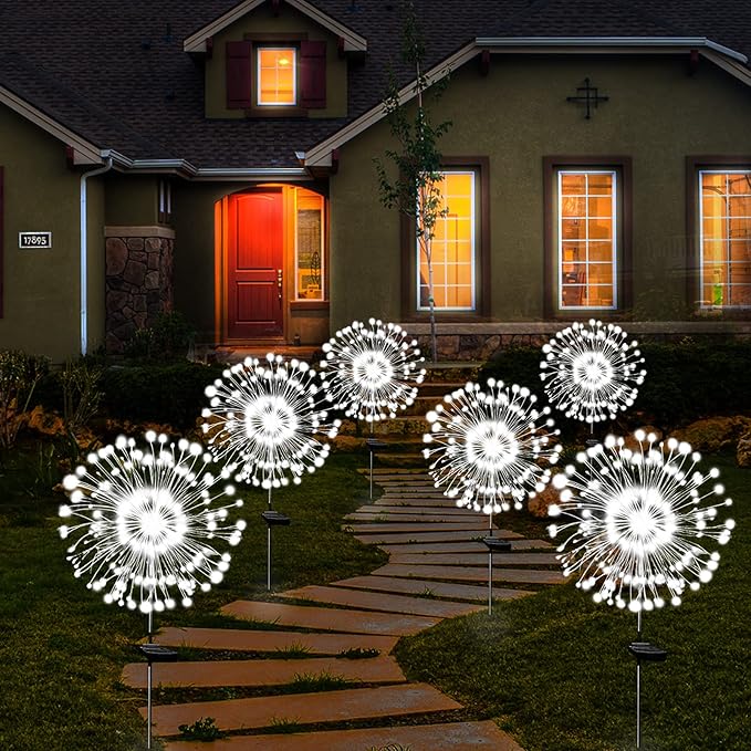 Solar Garden Lights Solar Firework Light Outdoor Waterproof 2 Pack Solar Powered Art Stake Twinkle Lights Outside Decor 180 LED Sparklers String Light for Yard Pathway Decorations (White) SolarEra-FREETOSHINE