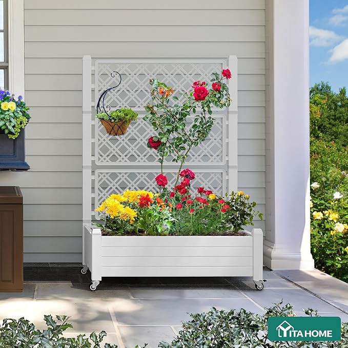 YITAHOME 43.3x17.7x61 in Planter Trellis Box with Wheels & Drain Plug, Outdoor Resin Raised Garden Bed for Climbing Plants, Large Weather-Resistant Design, Grayish-White YITAHOME