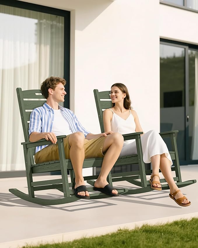 SERWALL Outdoor Rocking Chair Set of 4, Oversized HDPE Patio Rocking Chair with Footrest for Adults, All Weather Porch Rocker for Deck Patio Balcony, Avocado Green SERWALL