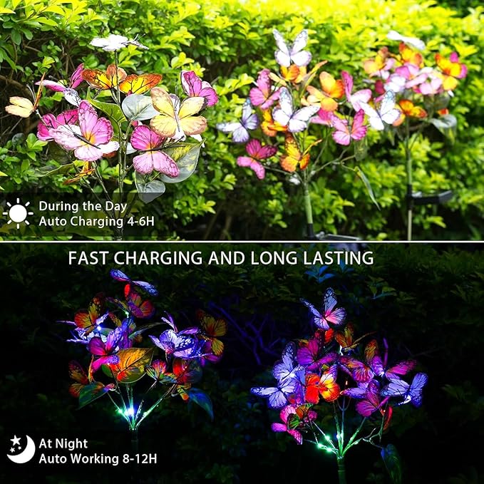 Solar Garden Lights Outdoor Waterproof Decorative Solar Lights Outdoor 8 Pack with 176 LED 136 Butterfly Flower Garden Decor Yard Decorations Patio Lawn, Gifts for Mother's Day Mom Women Adecorty