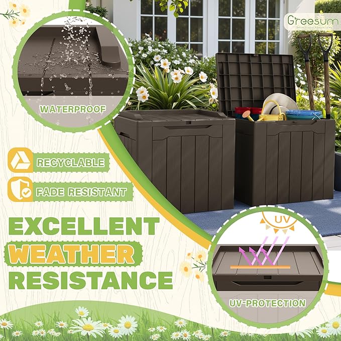 Greesum 31 Gallon Deck Box for Outside, All Weather Outdoor Storage Boxes for Patio Furniture Set, Package Delivery Box, Garden Tools, Brown(Set of 2) BuynowfromGreesum