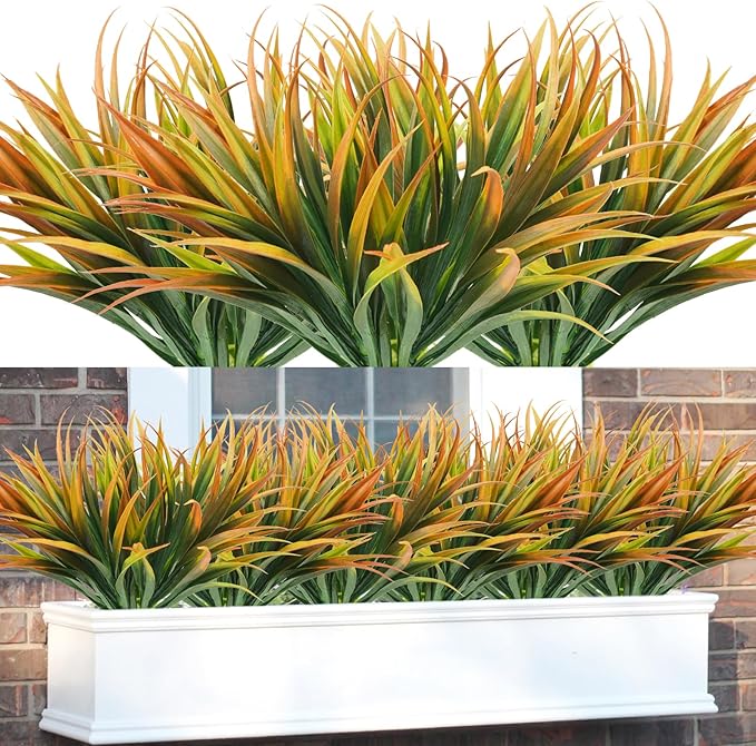 16Pcs Artificial Grass Fake Plants 17.3in Outdoor Plastic Plants UV Resistant Greenery Fake Grass for Home Window Garden Office Patio Hanging Planter Pathway Front Porch Décor Orange Yellow Phliofd