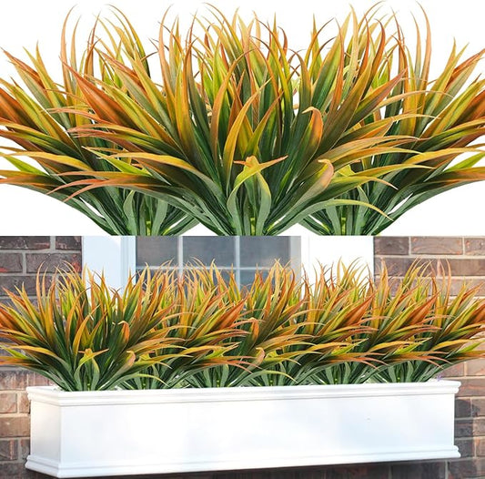 16Pcs Artificial Grass Fake Plants 17.3in Outdoor Plastic Plants UV Resistant Greenery Fake Grass for Home Window Garden Office Patio Hanging Planter Pathway Front Porch Décor Orange Yellow Phliofd