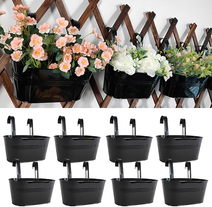 8 Pack Metal Hanging Planter for Outdoor Plants, 10 Inch Black Fence Planters Railing Pots for Garden Patio Balcony Decor, Flower Bucket with Detachable Hooks (Black, 8Pcs) JOYFERNAL