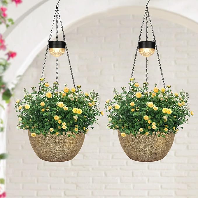 2 Packs Hanging Planters Basket for Outdoor Plants, Solar Powered Self Watering Copper Round Plastic Flower Pots with Drainer for Balcony Patio Garden Outdoor Decoration SUNNYPARK