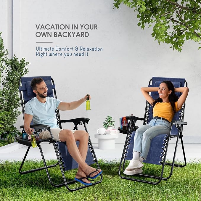 Nestl Zero Gravity Chairs Set of 2, Patio Lounge Chair Outdoor with Pillows & Cup Holder Trays, Adjustable Steel Mesh Reclining Camping Chair, Folding Patio Lawn Chair for Deck, Beach, Yard - Blue Nestl