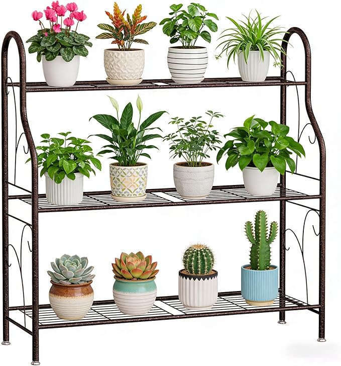 SORCEDAS Plant Stand Indoor Outdoor Plant Shelf 3 Tier Metal Corner Flower Stand Multiple Holder for Patio Garden Balcony Living Room, Bronze SpecialYourHome