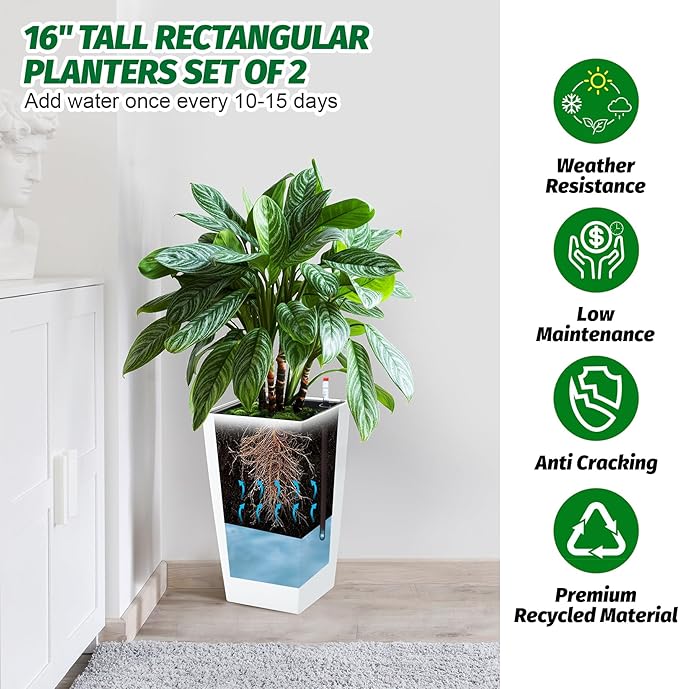 Garvee 16" Tall Planters Set of 2, Outdoor＆Indoor Black Planter Pots, High Front Porch Planter Pots with Drainage Holes＆Water Level Monitor＆Inner Bucket,White Garvee