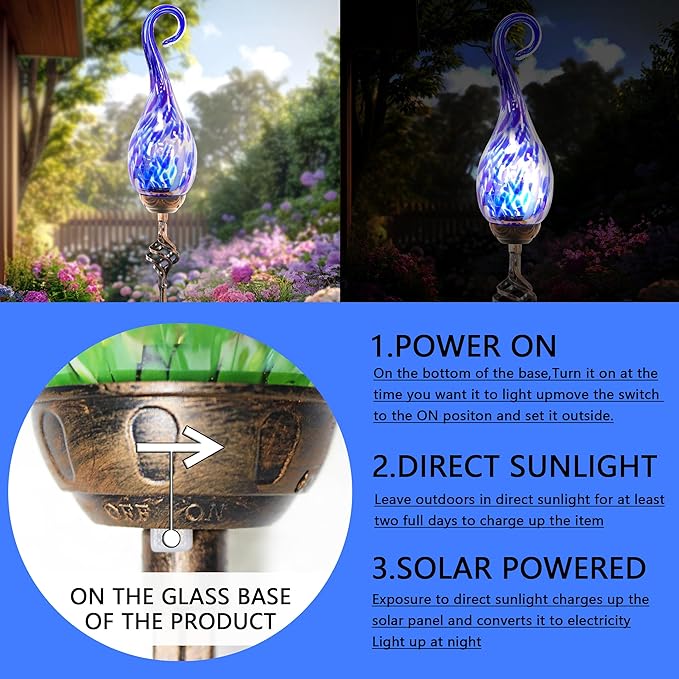 Garden Solar Lights Outdoor, Decorative LED Pearlized Glass Spiral Garden Stake with Finial, Hand Blown Glass and Metal Outdoor Decoration, 3 x 36 Inch (Dark Blue) Rootora