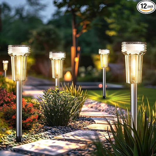 Mancra 12 Pack Solar Pathway Lights Outdoor, Waterproof Metal Solar Outdoor Lights Tungsten Bulb Landscape Lighting Garden Decor for Path Yard Lawn Walkway Driveway Mancra