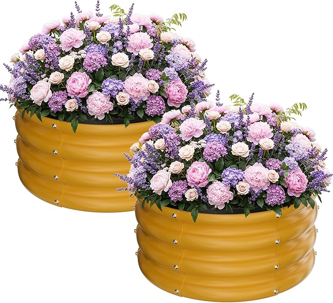 ZXZYHFTY Round Galvanized Raised Garden Bed kit,Yellow Outdoor Garden Raised Planter Box, Round Large Metal Raised Garden Beds for Vegetable 2 * 2 * 1ft 2 Pcs ZXZYHFTY
