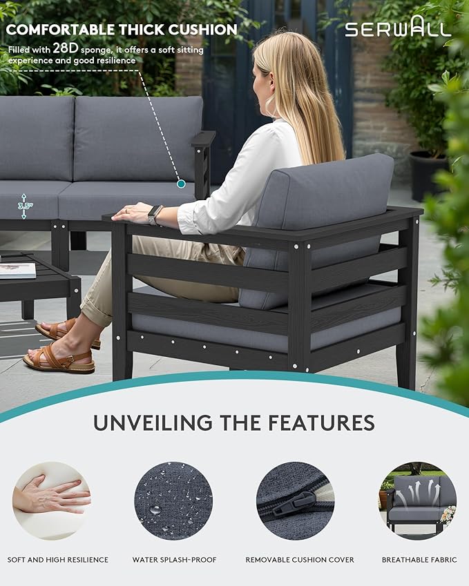 SERWALL HDPE Patio Furniture Set, 4 Pieces Outdoor Sectional Sofa Set, All-Weather Wood-Like Outdoor Sofa Couch with Coffee Table for Deck, Lawn, Black Frame with Grey Cushion SERWALL